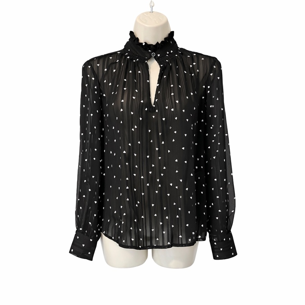 Oodji Ultra Black Sheer Heart Blouse Size S Ruffle High Neck Chiffon Top NWT
